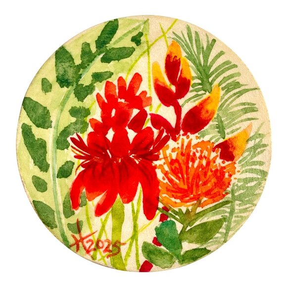 Tropical Delight Original Watercolor Painting on Wood Round 4in Desk or Wall Art - Picture 1 of 5